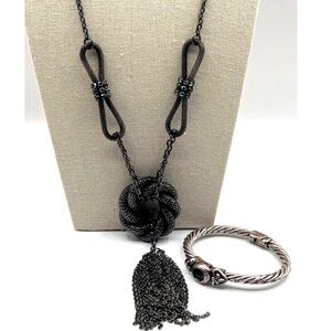 Silver Tone Steel Bracelet & Vintage Gunmetal Chain Knot & Tassel Necklace N17